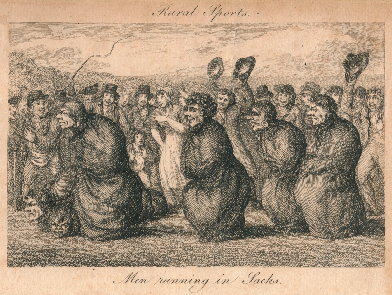 Maaseutuurheilu - Sacksissa juoksevat miehet, 1700-luvun loppu - 1800-luvun alku. tekijältä Unbekannt