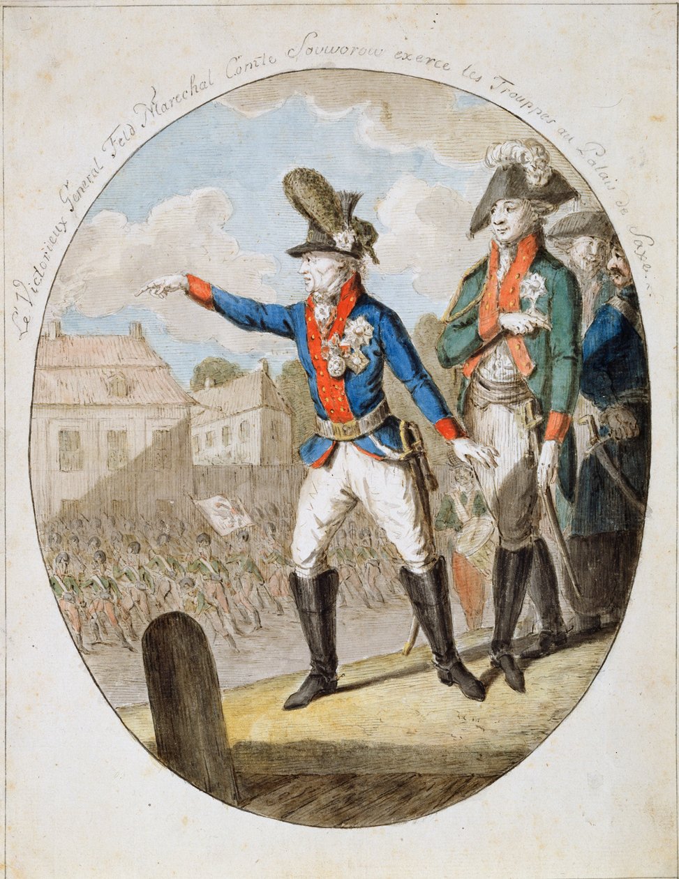 Venäjän kenttämarsalkka Aleksanteri Suvorov tarkastamassa joukkoja, n. 1794 tekijältä Unbekannt