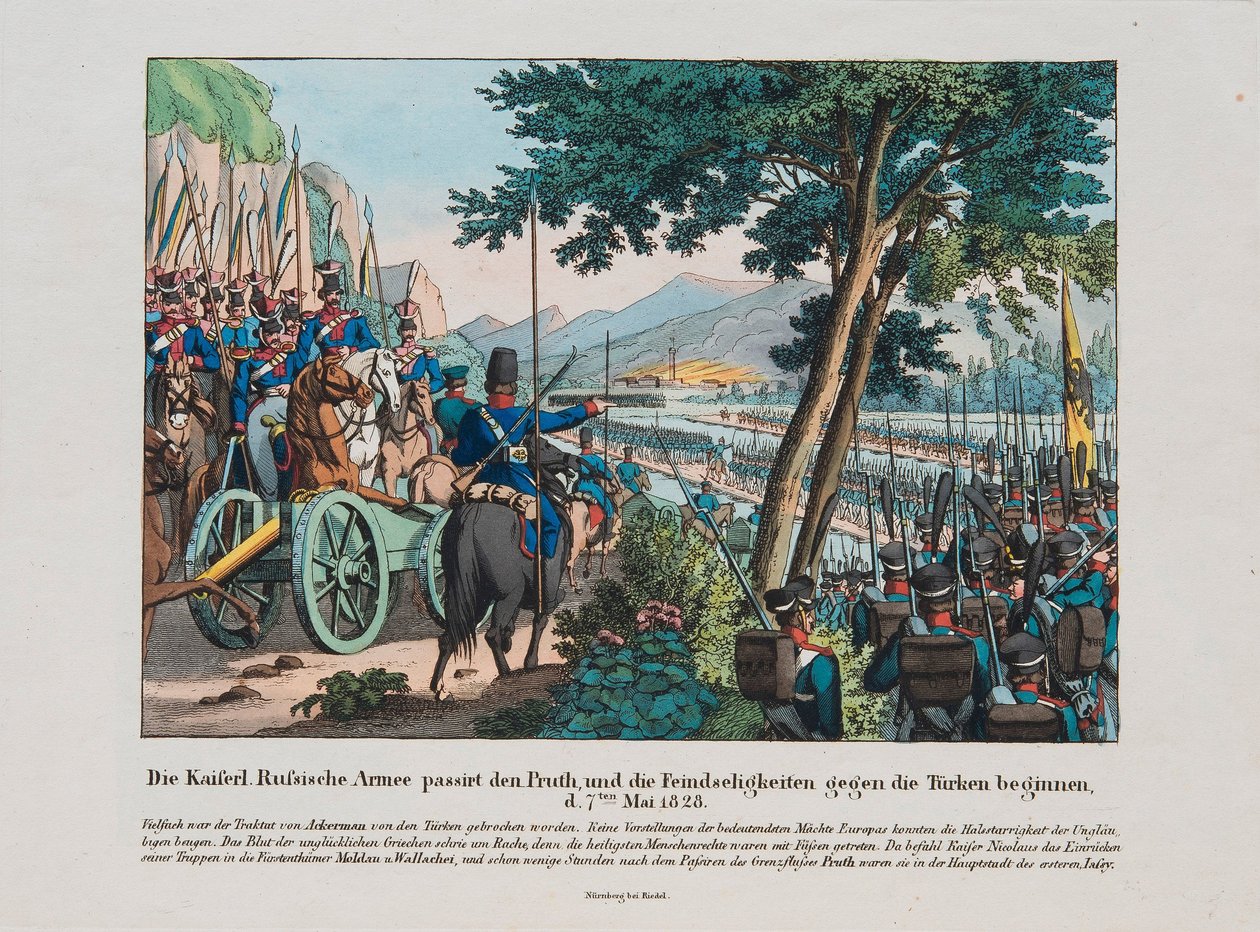 Venäjän armeija ylittää Pruth-joen Moldaviaan toukokuussa 1828, n. 1830 tekijältä Unbekannt