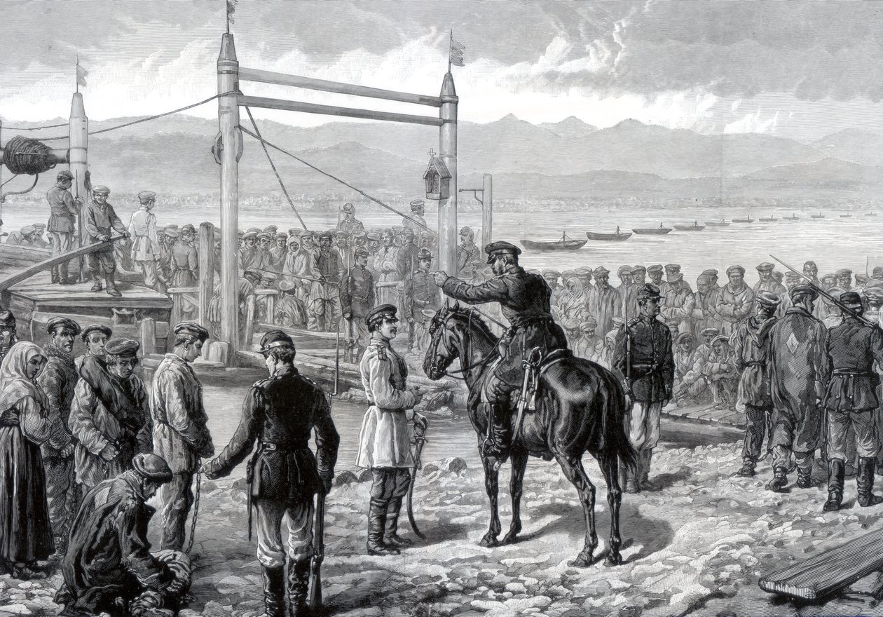 Venäläiset vangit sotilaallisen saattajan alla odottamassa lautalla Jenissei-joen yli, Siperia, 1882 tekijältä Unbekannt