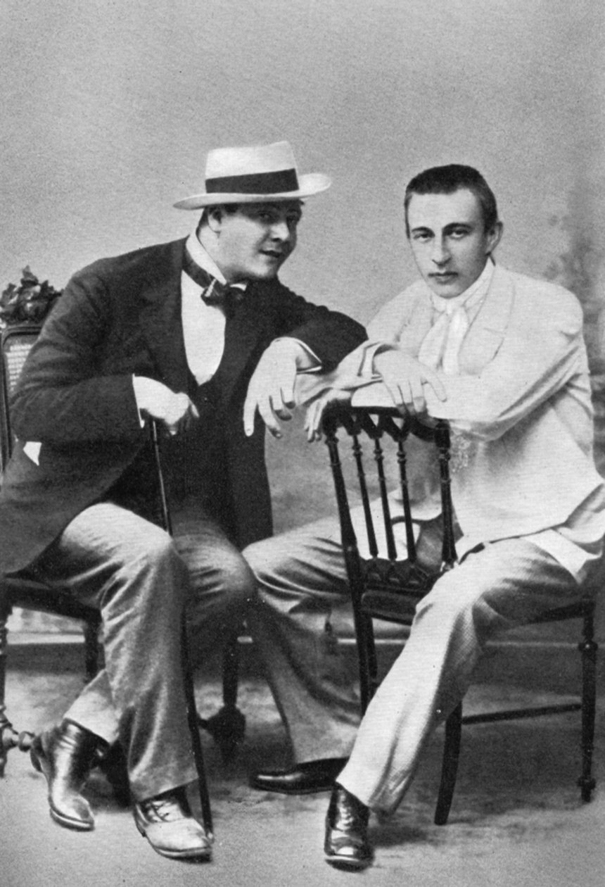 Venäläinen oopperalaulaja Feodor Chaliapin säveltäjä ja pianisti Sergei Rahmaninovin kanssa, c1890 tekijältä Unbekannt