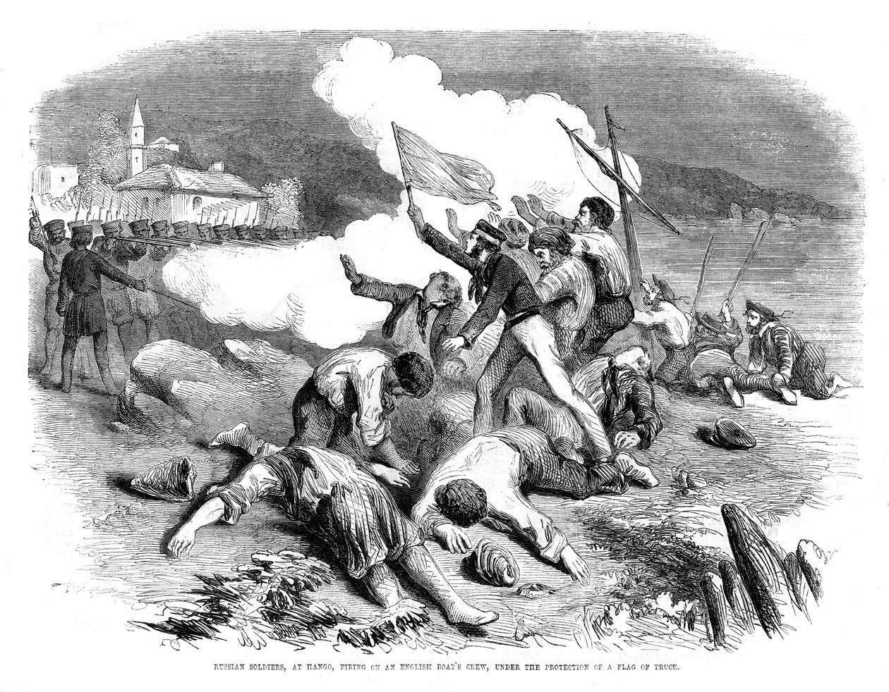 Venäläissotilaat ampuvat englantilaista venemiehistöä aselevon lipun suojeluksessa, 1855 tekijältä Unbekannt