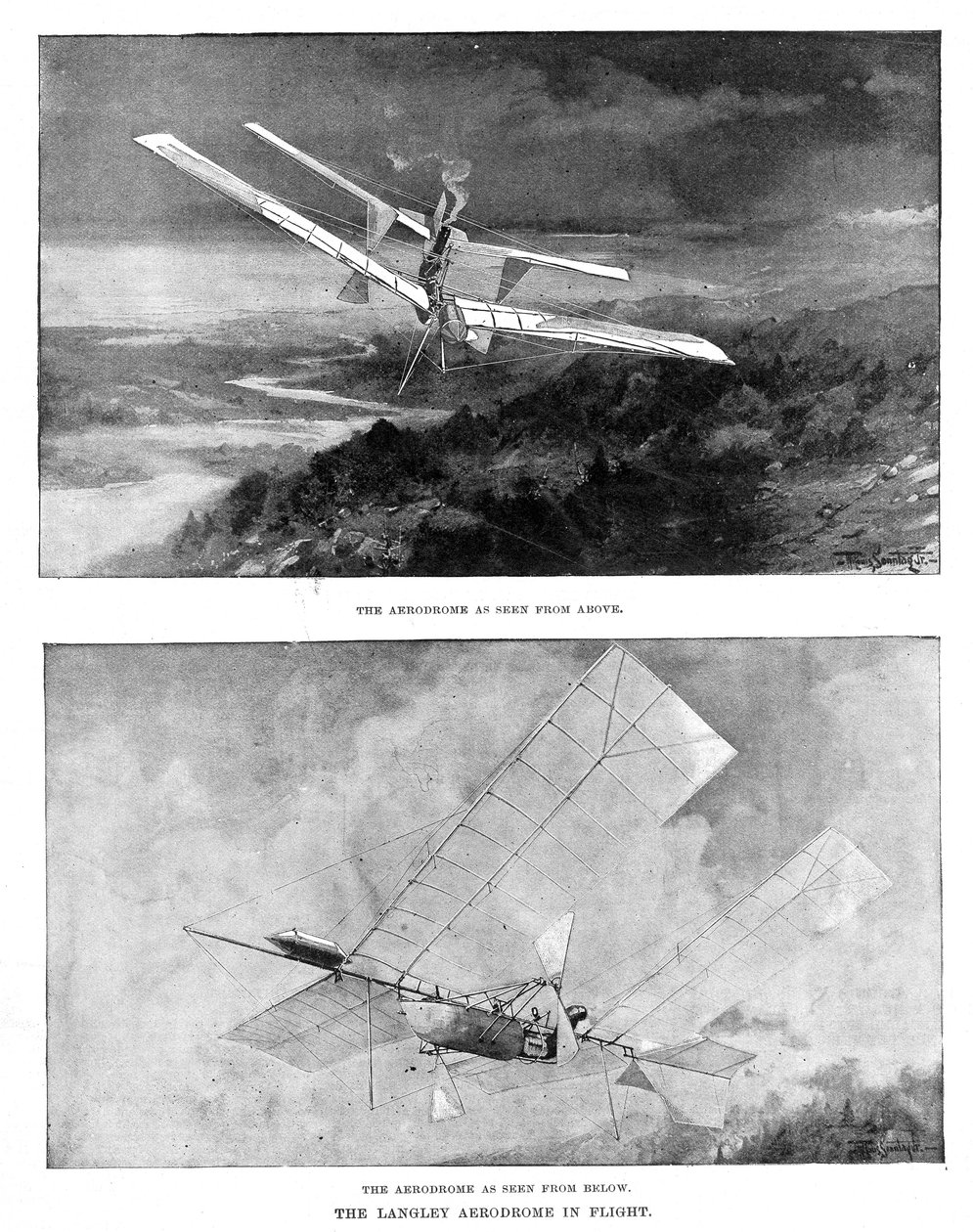 SP Langleys höyrykäyttöinen mallilentokone Lentopaikka ylhäältä ja alhaalta katsottuna, 1902 tekijältä Unbekannt