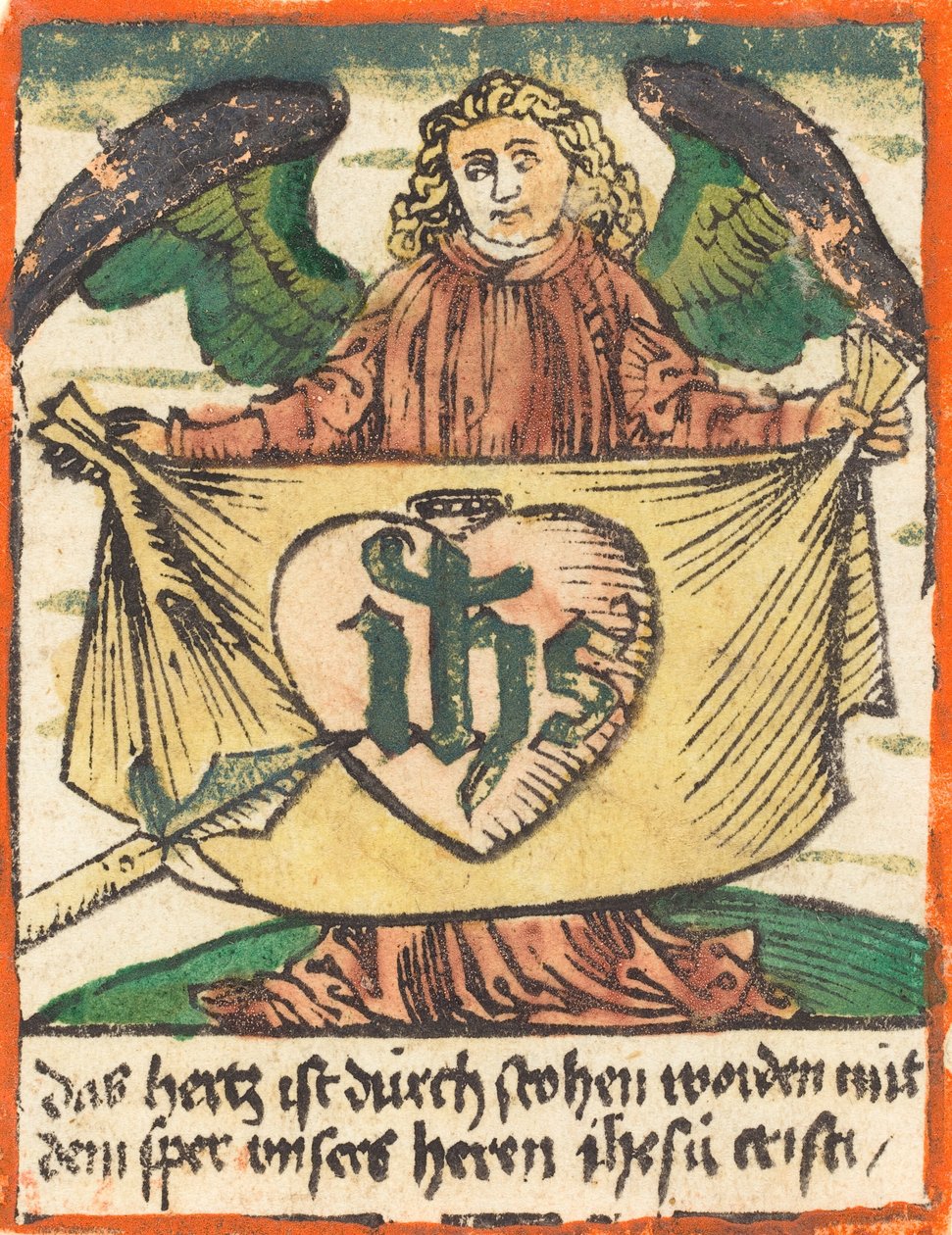 Pyhä monogrammi pyhässä sydämessä enkelin pitämässä kankaassa, n. 1480. tekijältä Unbekannt