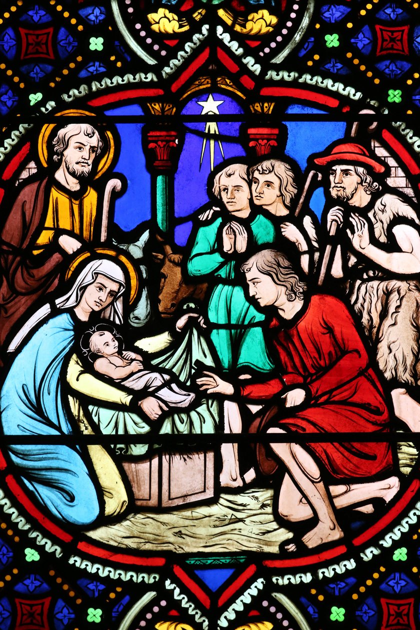 Pyhän sydämen kirkko. Lasimaalaus. Syntymä. Adoration of the Shepherds, 20160604, Moulins, Ranska tekijältä Unbekannt