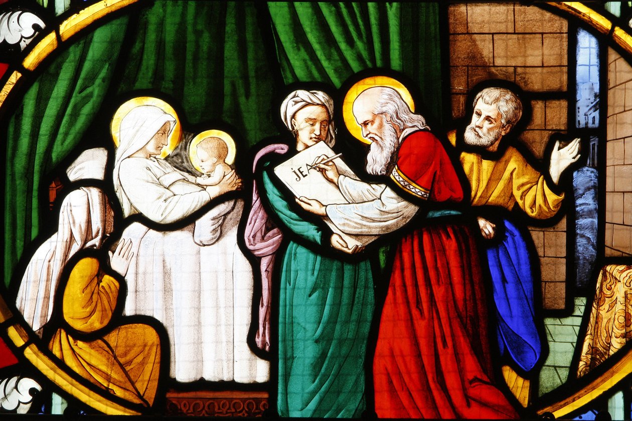 Saint-Corentinin (Saint Corentin) katedraali, Quimperin lasimaalaus : Johannes Kastajan syntymä, Quimper, Ranska tekijältä Unbekannt