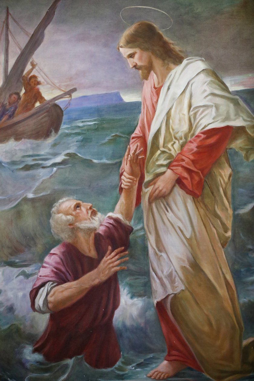 Saint-Gratin kirkko. Maalaus. Pietari käveli veden päällä kohti Jeesusta, mutta hän pelästyi ja alkoi vajota, ja Jeesus pelasti hänet. Valgrisenche. Italia. tekijältä Unbekannt