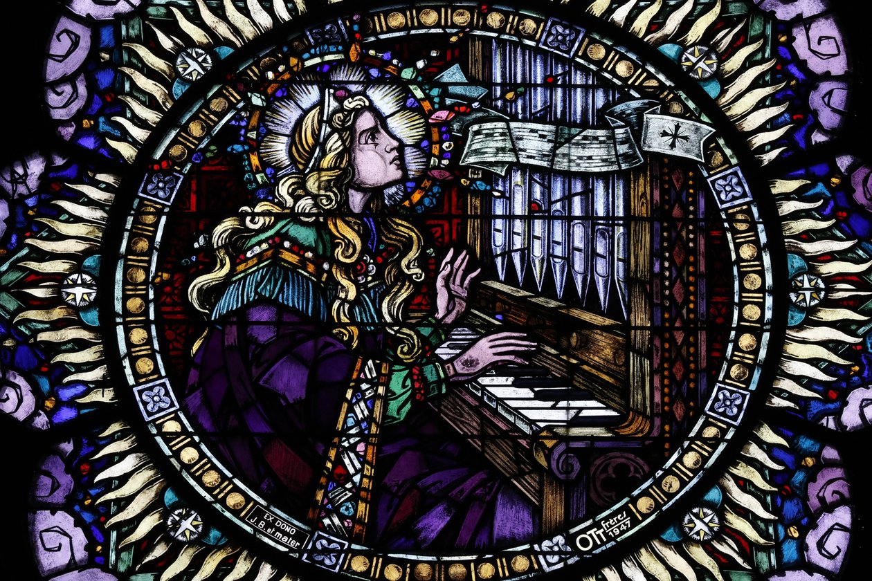 Pyhän Pietarin nuoremman katolinen kirkko. Ruusuikkuna. Sancta Cecilia, muusikoiden suojeluspyhimys. Strasbourg. Ranska. tekijältä Unbekannt