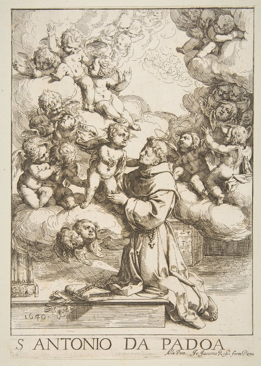 Pyhä Anthony Padovalainen palvomassa Kristus-lapsia, kopio Cantarinin mukaan, 1640. tekijältä Unbekannt