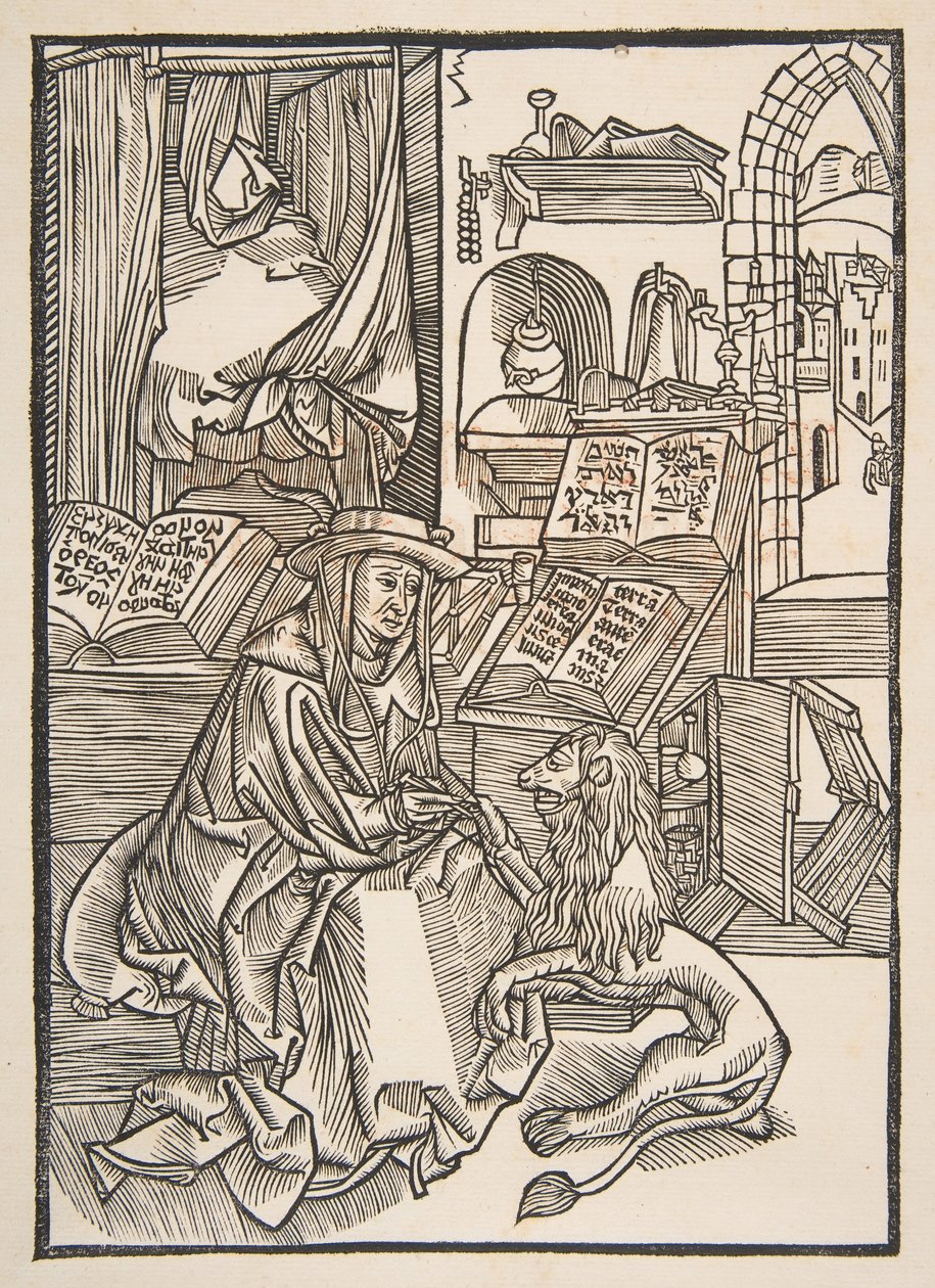 Saint Jerome irrottaa piikkia leijonien jalasta, Lyons 1508 copy.n.d. tekijältä Unbekannt