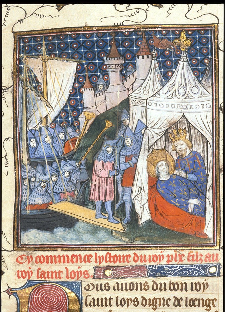 Saint Louis kuoli toisen ristiretkensä aikana Tunisissa Chroniques de France ou de St Denisistä, vuoden 1380 jälkeen tekijältä Unbekannt