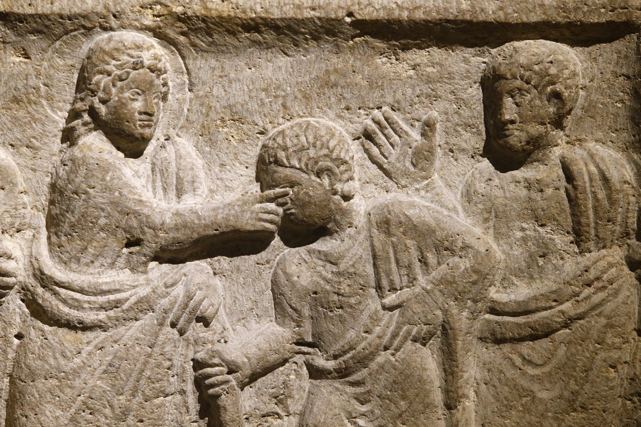 Saint Victorin luostari, Marseille. Sarkofagin yksityiskohta: Jeesus paransi sokean miehen. Ranska tekijältä Unbekannt