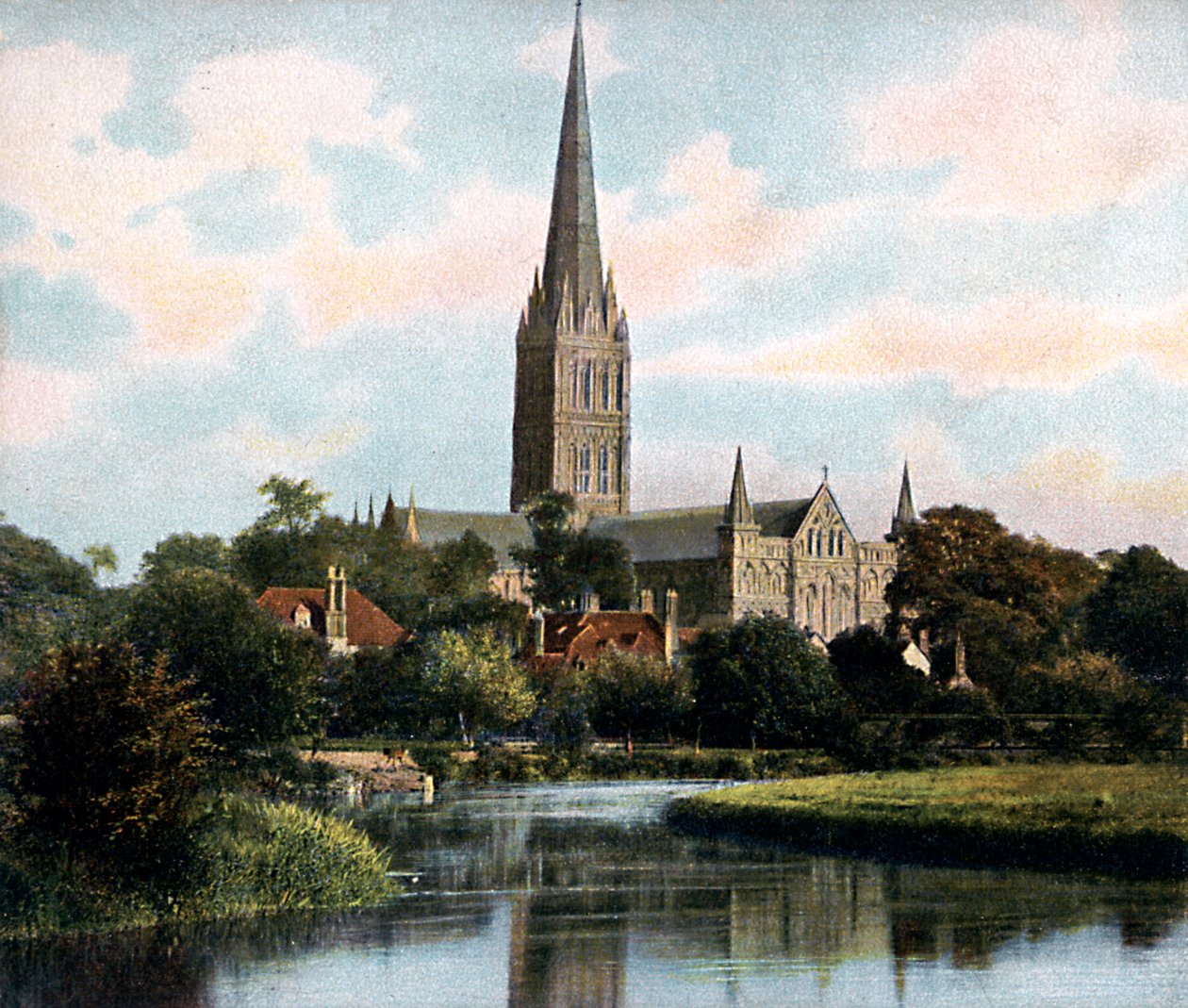 Salisburyn katedraali Avon-joelta katsottuna, Salisbury, Wiltshire, 1900-luvun alku tekijältä Unbekannt