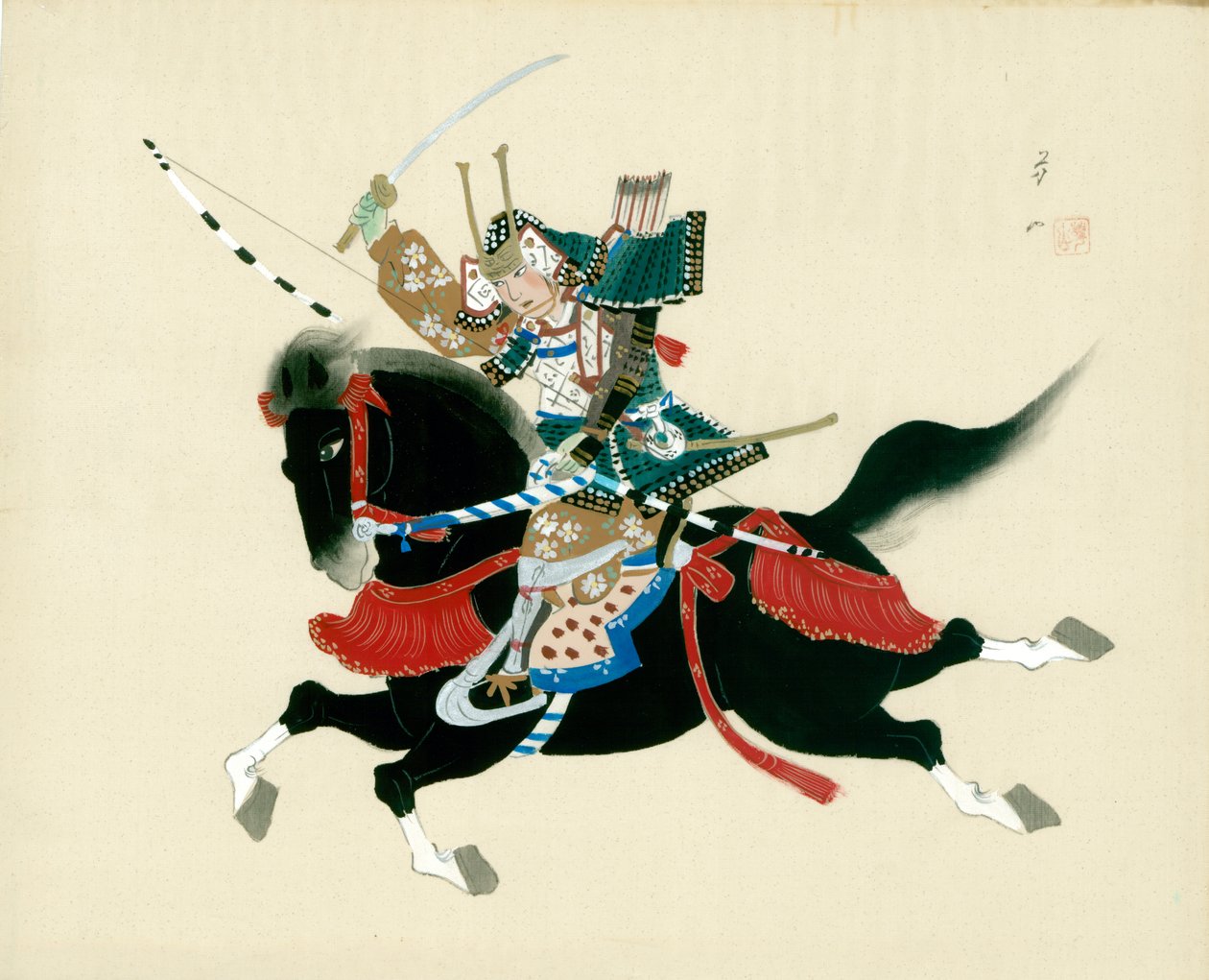 Samurai Warrior ratsastaa hevosella. Japanilainen maalaus silkille, perinteiseen japanilaiseen tyyliin tekijältä Unbekannt