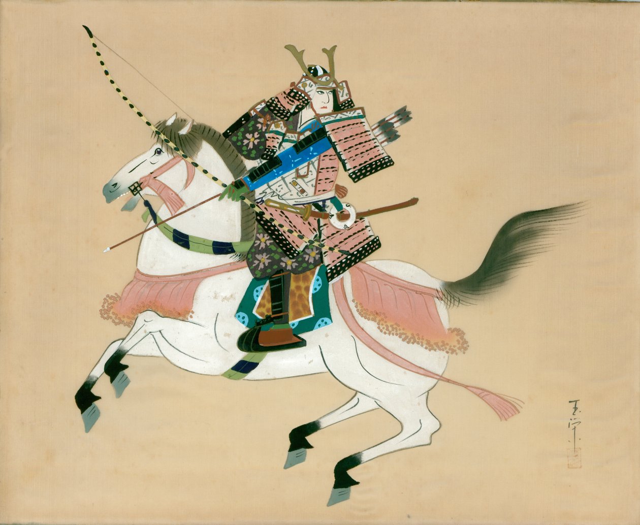 Samurai Warrior ratsastaa hevosella. Japanilainen maalaus silkille, perinteiseen japanilaiseen tyyliin tekijältä Unbekannt