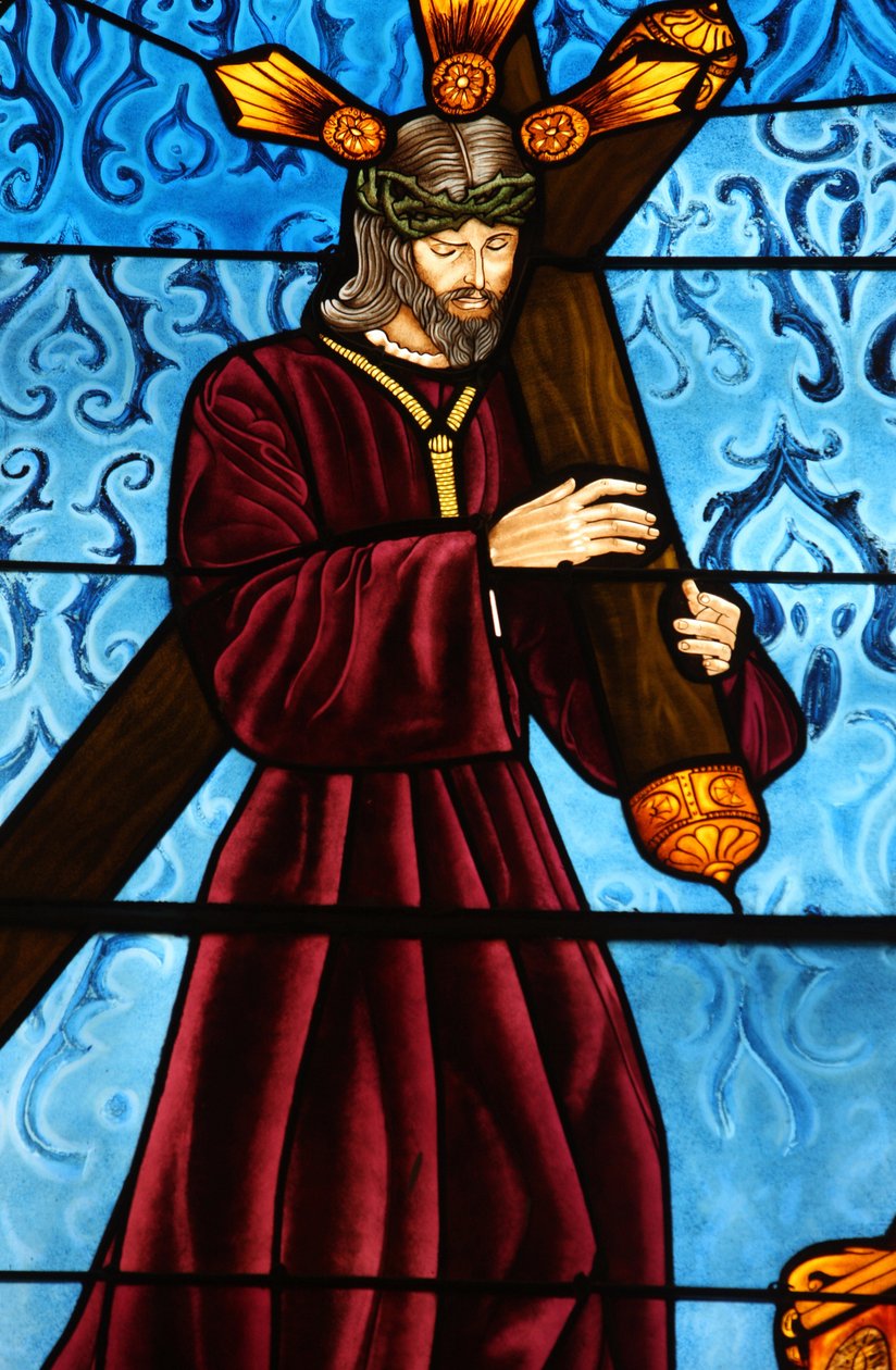 San Jeronimon kirkko. Värjätty lasi. Jeesus kantaa ristiään Madrid Espanja tekijältä Unbekannt