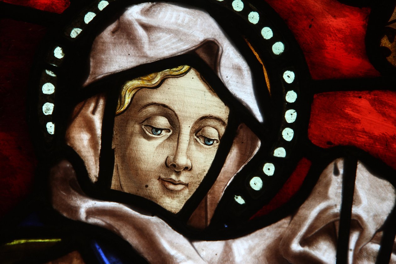 San Jeronimon kirkko. Värjätty lasi. Neitsyt Maria Madrid Espanja tekijältä Unbekannt