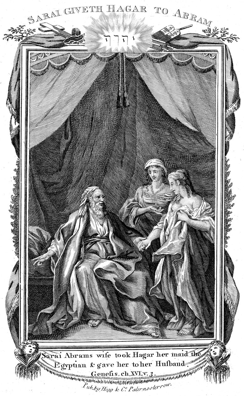 Saara, Abrahamin vaimo, on hedelmätön, ja tarjoaa Hagarin palvelijattarensa miehelleen, v. 1804 tekijältä Unbekannt