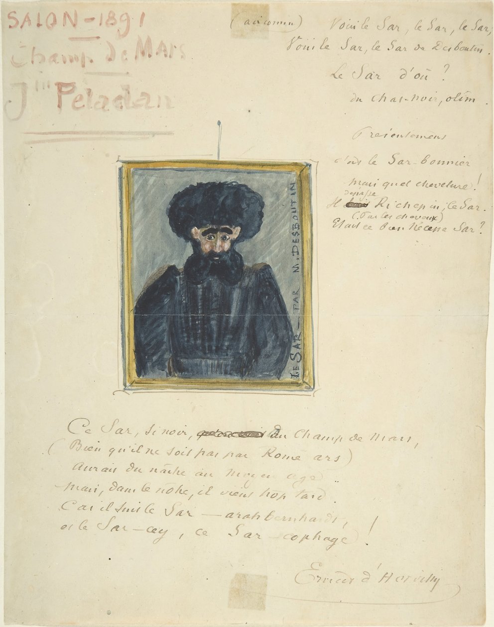 Satiirinen piirustus Sâr Joséphin Peladanista, 1891. tekijältä Unbekannt