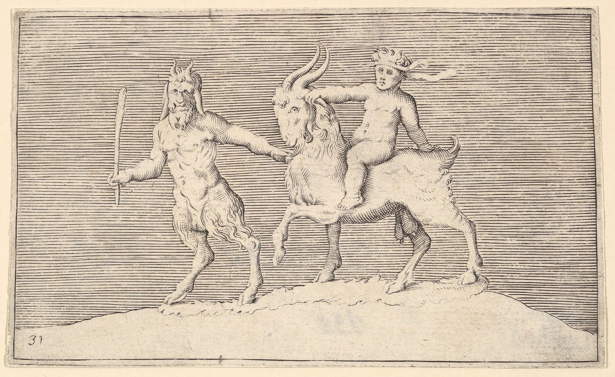 Satyr Leading Goat, jolla Infant Rides, julkaisi n. 1599-1622. tekijältä Unbekannt