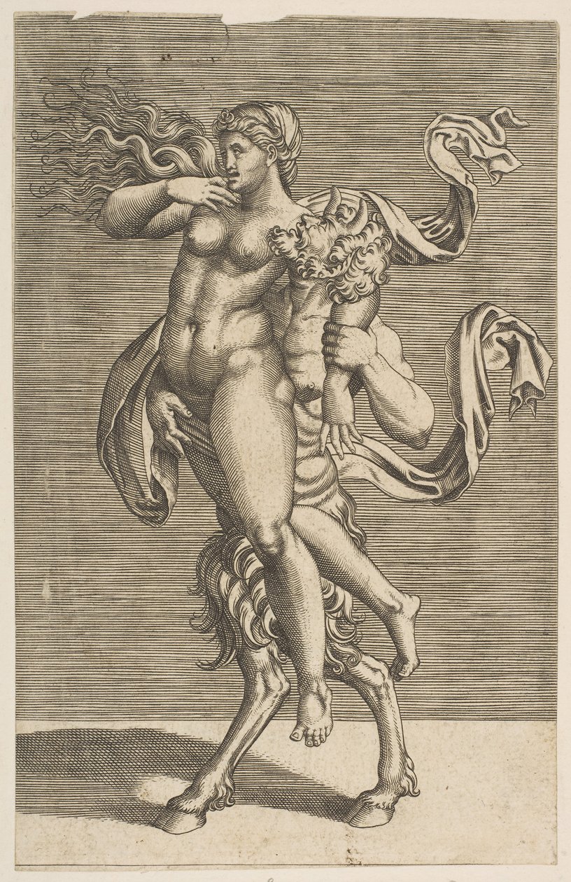 Satyr kantaa nymfiä pidätellen oikeaa käsiään, n. 1515-1600. tekijältä Unbekannt