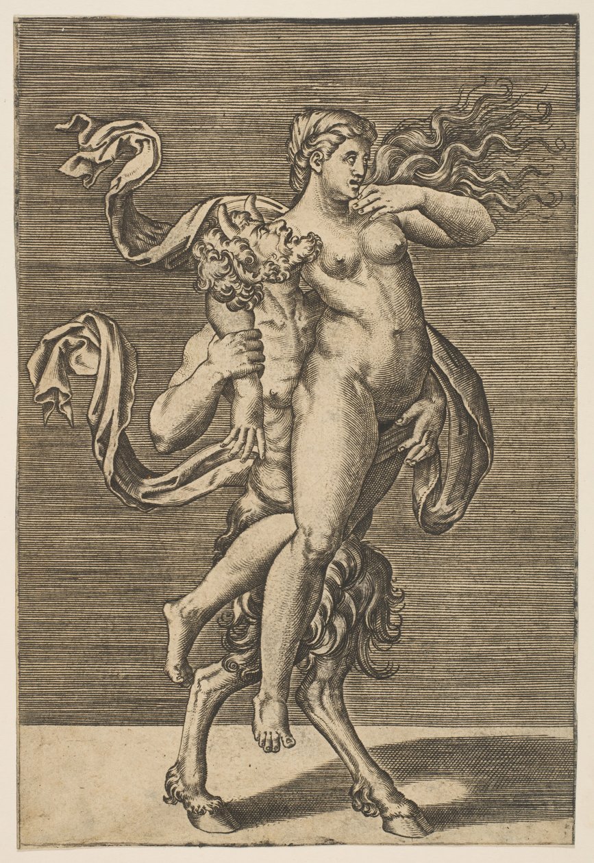 Satyr kantaa nymfiä pidätellen oikeaa käsiään, n. 1515-1600. tekijältä Unbekannt