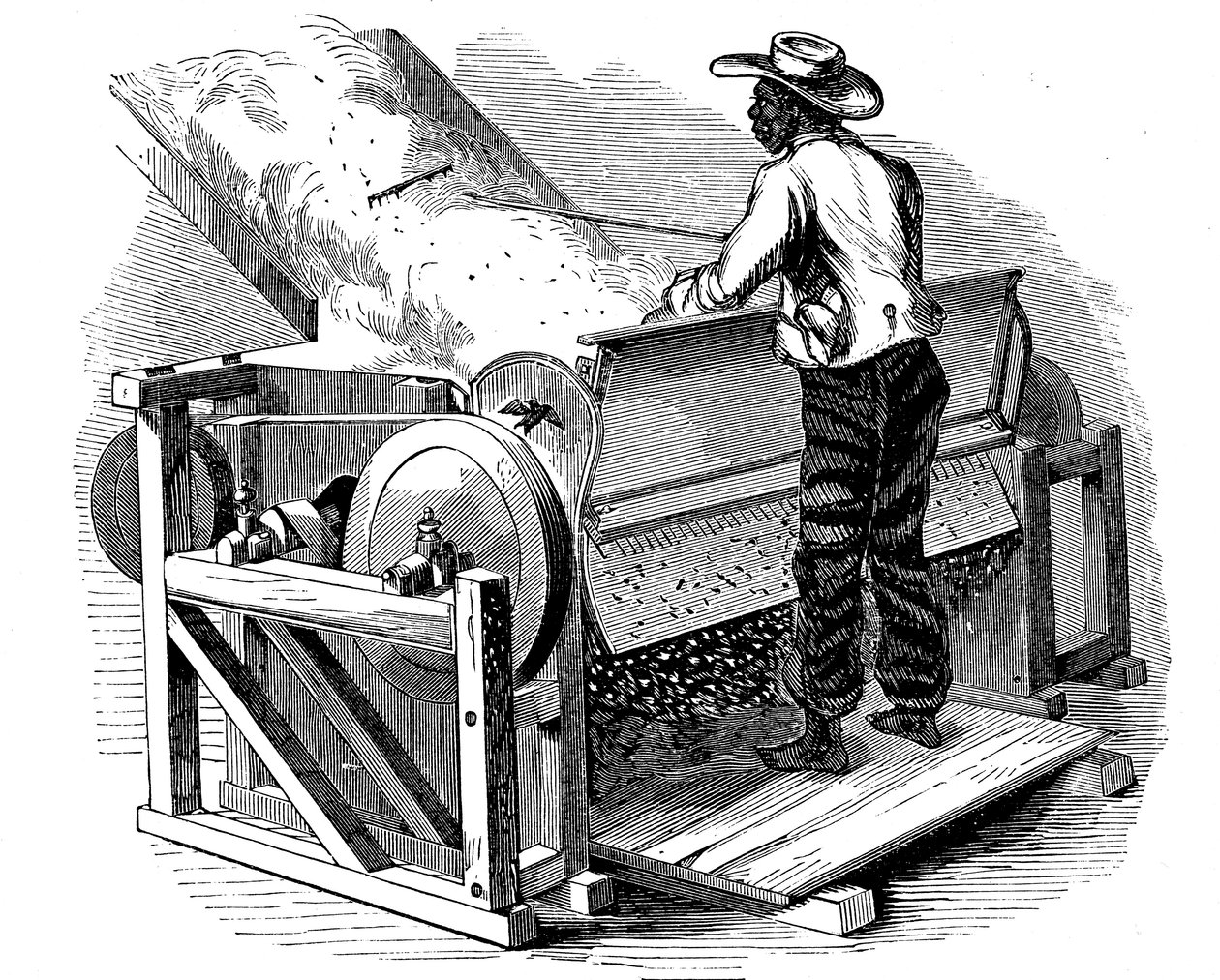 Avojaloin mustatyöläisen sahausginiä puuvillan puhdistamiseen, Etelä-USA, 1865 tekijältä Unbekannt