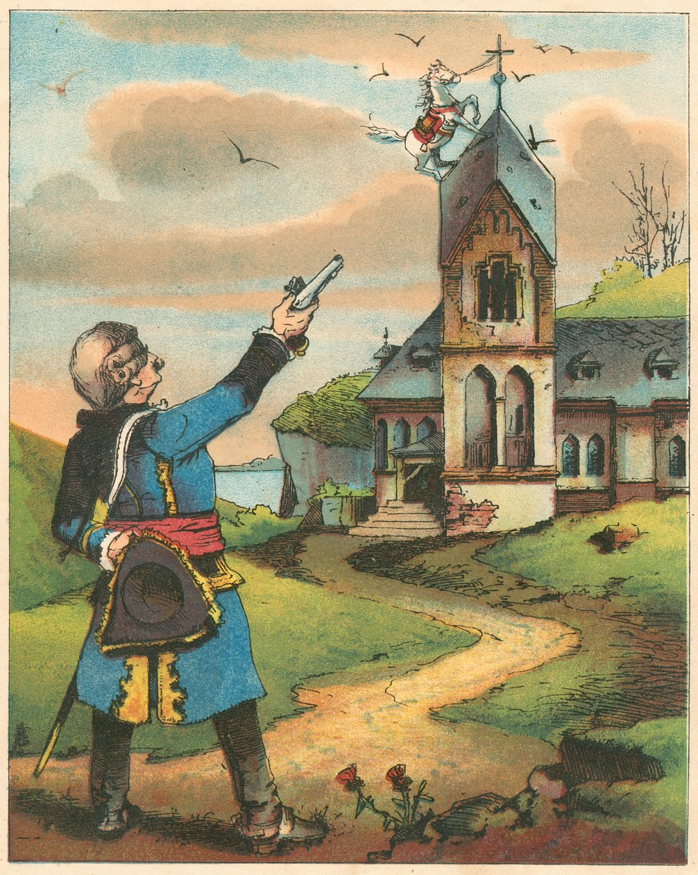Kohtaus Rudolph Erich Raspen paroni Münchausenin seikkailuista, v. 1850 tekijältä Unbekannt