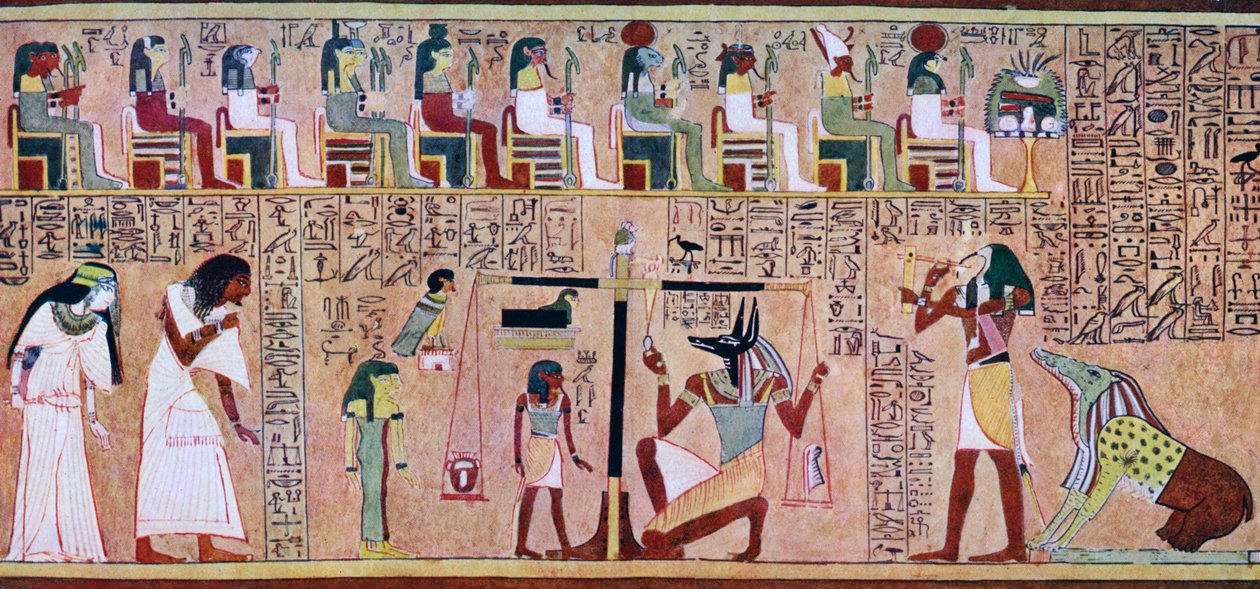 Kohtaus Kaikkien kuolleiden kirjasta, egyptiläinen, n. 1275 eKr., c1900-1920 tekijältä Unbekannt