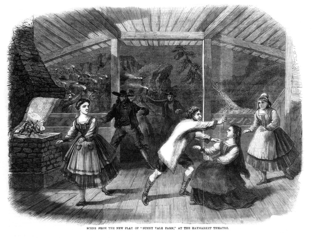 Kohtaus näytelmästä Sunny Vale Farm, esitetty Haymarket Theatressa Lontoossa, 1864 tekijältä Unbekannt