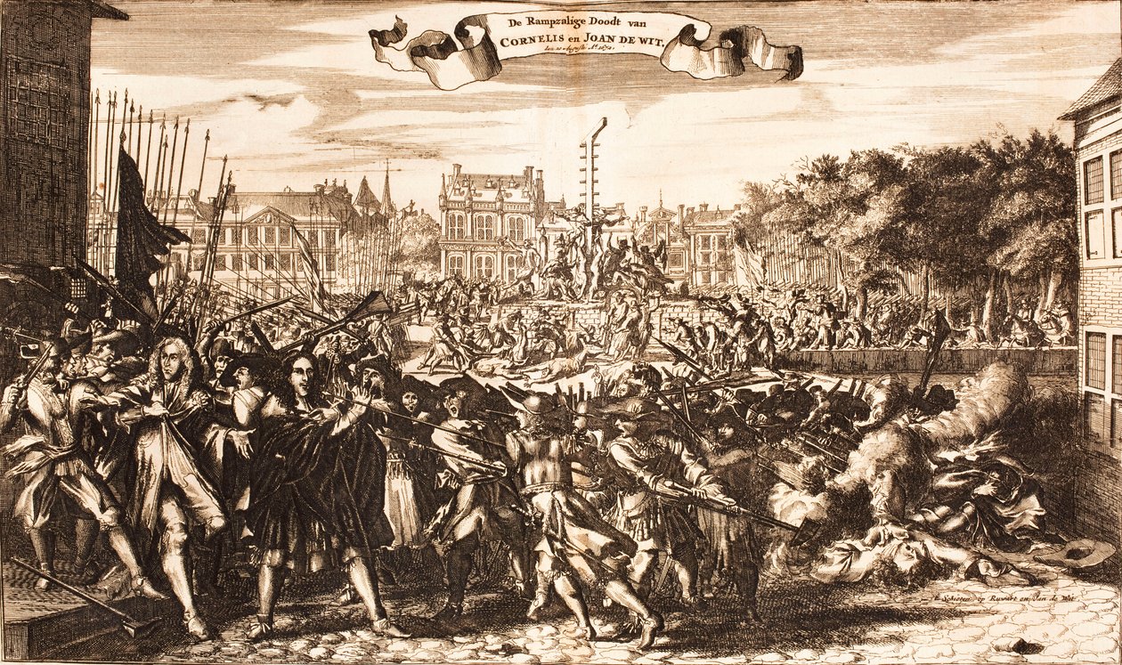 Kohtaus Cornelis ja Johan de Wittin murhaamisesta Haagissa 20. elokuuta 1672, 1675. tekijältä Unbekannt