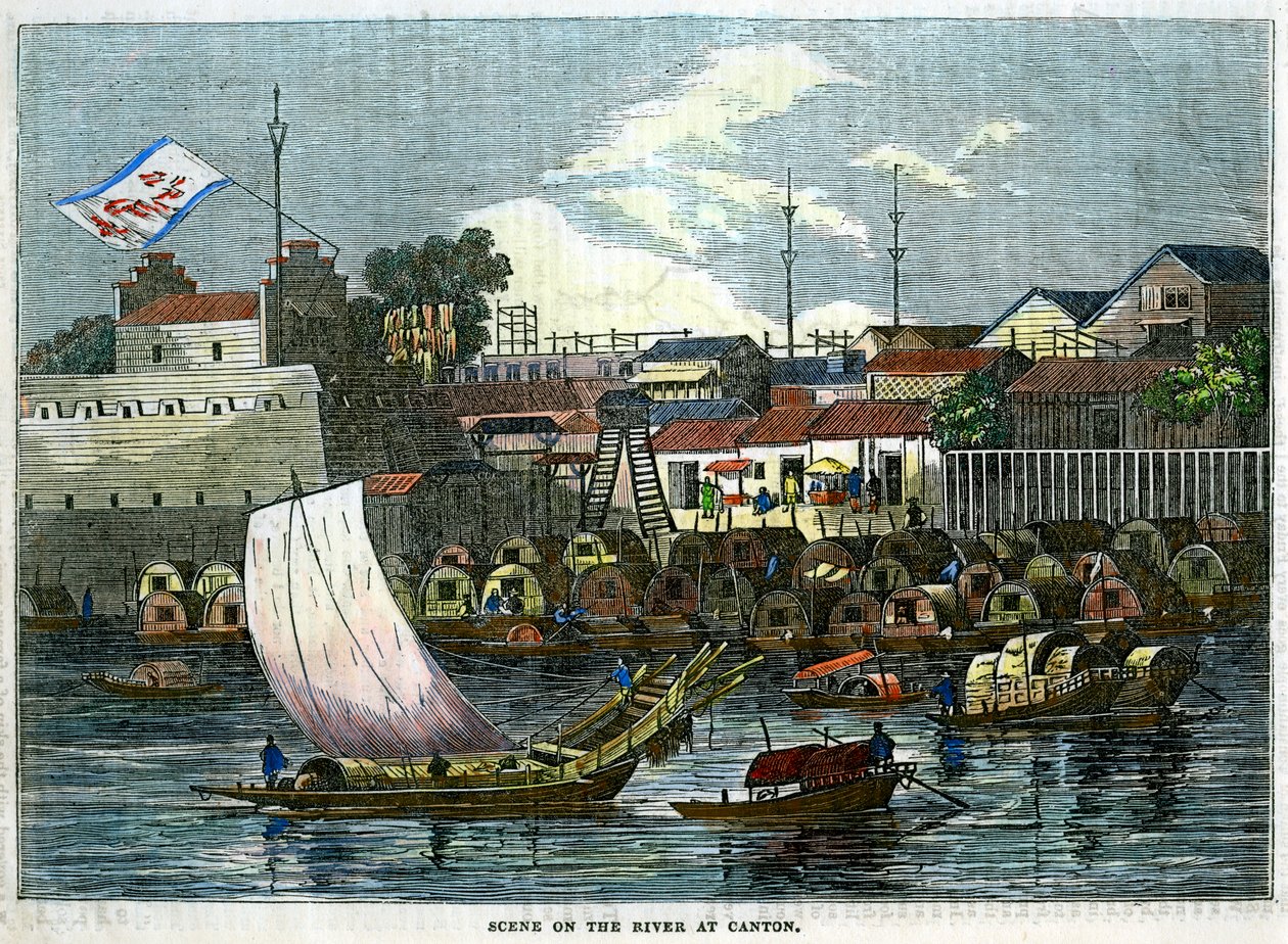 Kohtaus joella Kantonissa Kiinassa, vuodelta 1840 tekijältä Unbekannt