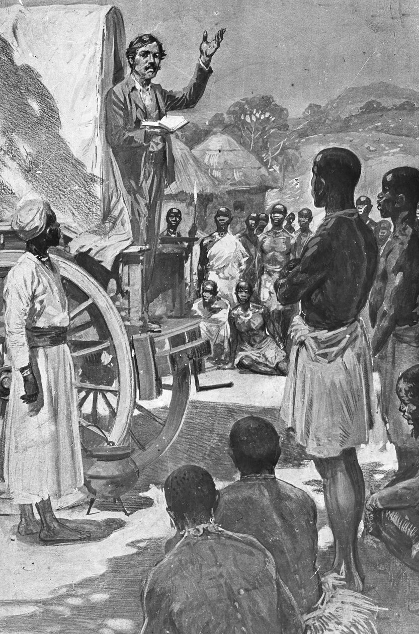 Skotlantilainen tutkimusmatkailija ja lähetyssaarnaaja David Livingstone saarnaa vaunusta, Afrikka, 1800-luku tekijältä Unbekannt