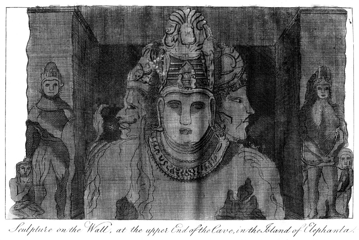 Veistos seinällä luolan yläpäässä, Elephantan saari, Intia, 1799 tekijältä Unbekannt