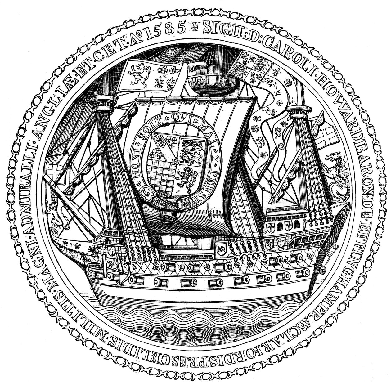 Lord High Admiral, Charles, Lord Howard of Nottinghamin sinetti ja nimikirjoitus, 1585 tekijältä Unbekannt
