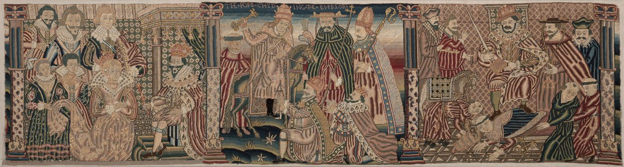 Brodeeratun friisin osa: Ahasverus ja Esther, paavi, joka viheltää keisaria, 1625-1649. tekijältä Unbekannt