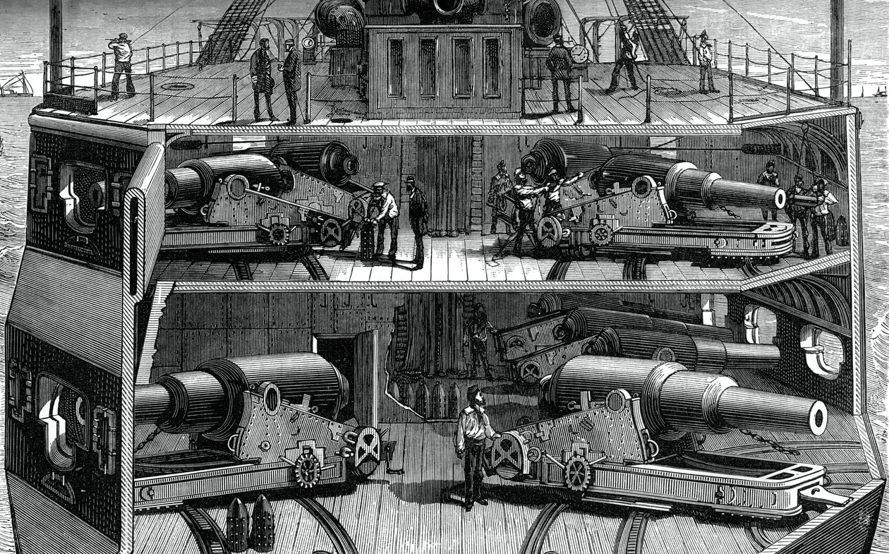 Poikkileikkaus paristoista rautaverhoisessa fregatissa Alexandra, c1880 tekijältä Unbekannt