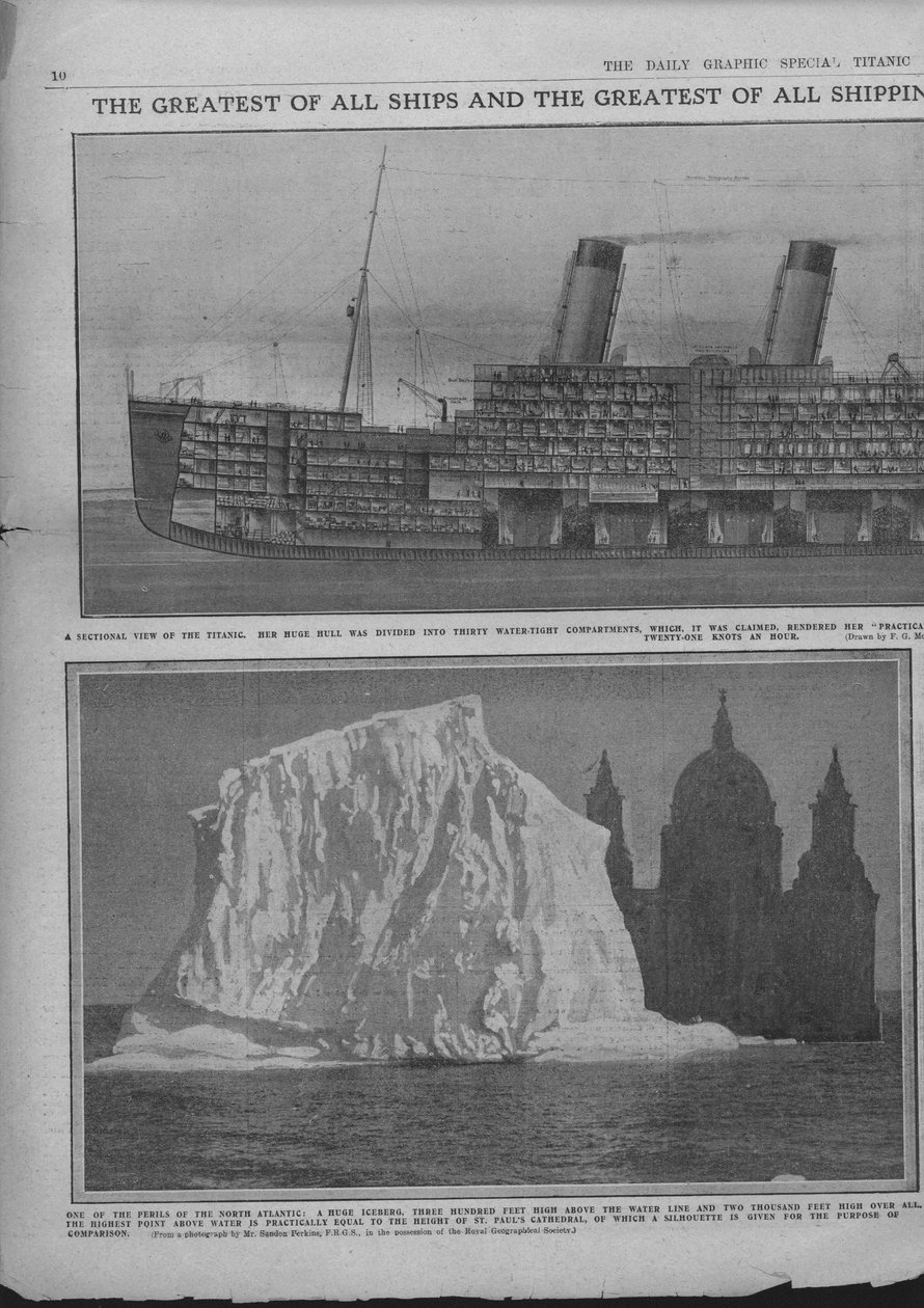 Titanicin ja jäävuoren leikkauskaavio, 20. huhtikuuta 1912. tekijältä Unbekannt