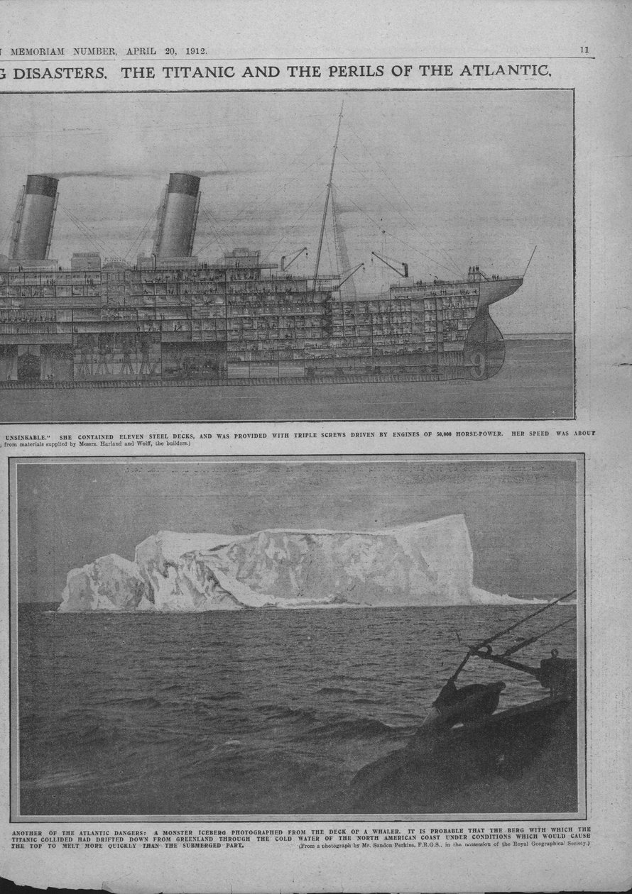 Titanicin ja jäävuoren leikkauskaavio, 20. huhtikuuta 1912. tekijältä Unbekannt