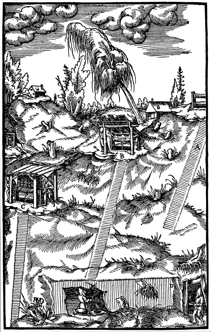 Poikkileikkauskuva saksalaisesta kaivoksesta, 1556 tekijältä Unbekannt