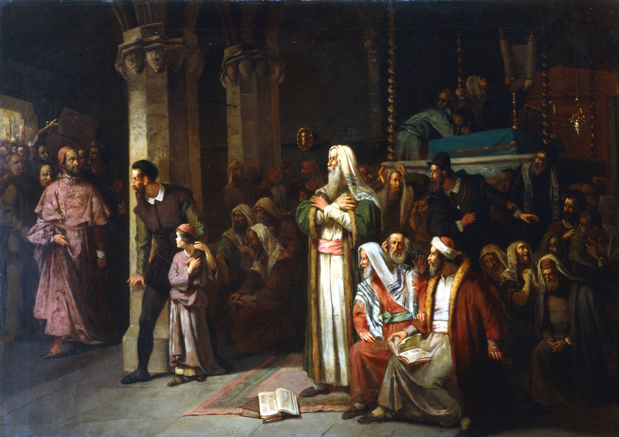Jumalanpalvelus synagogassa Tooran lukemisen aikana, 1868 tekijältä Unbekannt