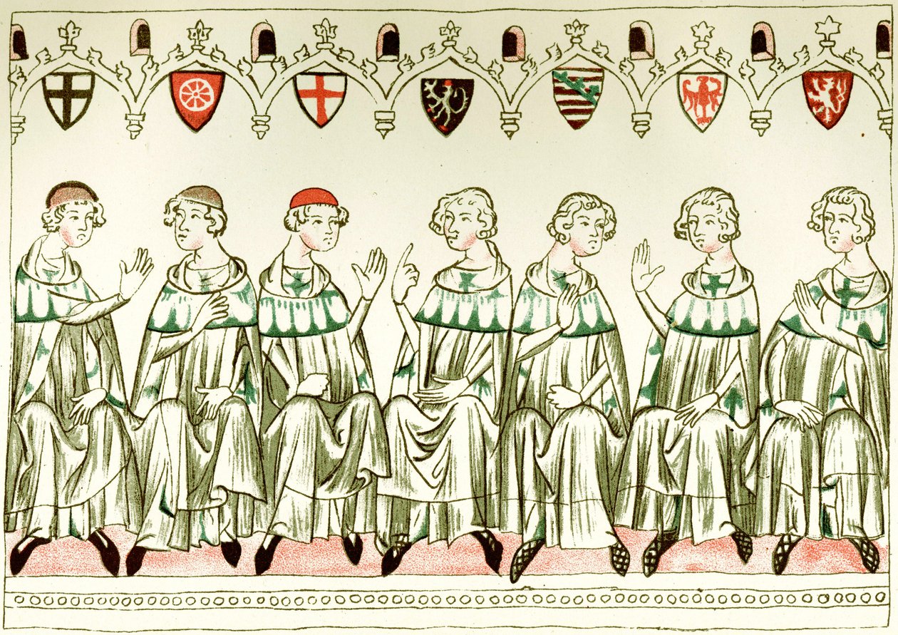 Seitsemän prinssin vaaliruhtinasta äänestää Henry VII:n, Pyhän Rooman keisarin, puolesta Kopio Balduineumin pienoismallista, 1341 tekijältä Unbekannt