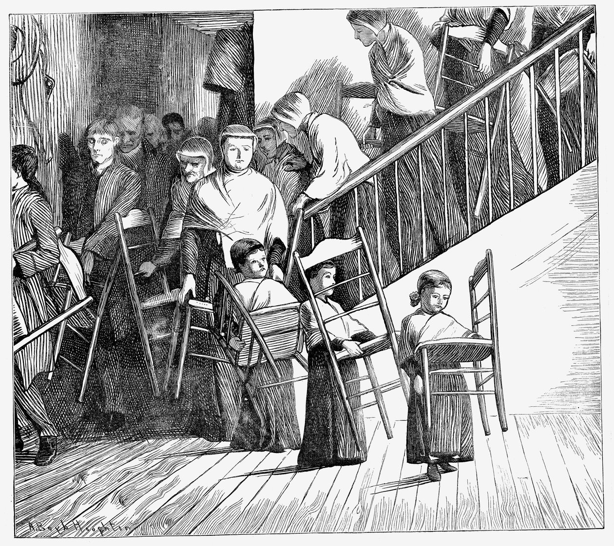 Shaker-yhteisö illalliselle, jokaisella oma Shaker-tuolinsa, New Yorkin osavaltio, 1870 tekijältä Unbekannt