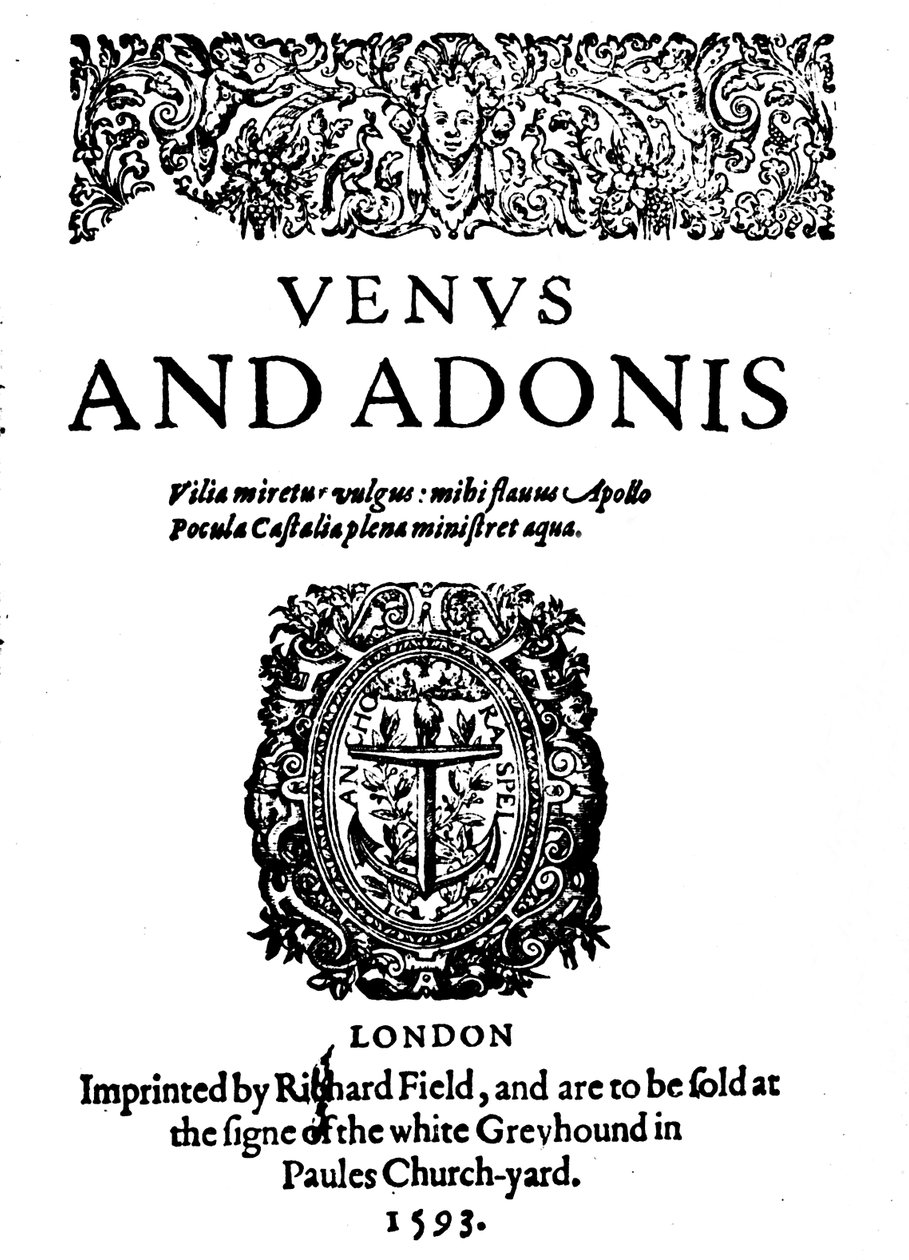 Shakespearesin ensimmäinen julkaistu teos - Venuksen ja Adonisin 1. painos, 1593, 1946 tekijältä Unbekannt