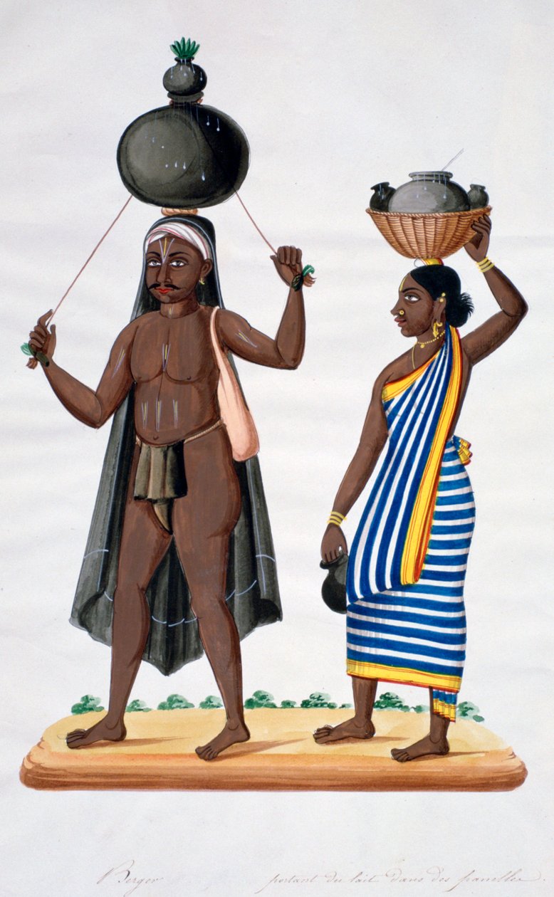 Shepherd ja hänen vaimonsa kantamassa maitoa, Intia, 1834 tekijältä Unbekannt