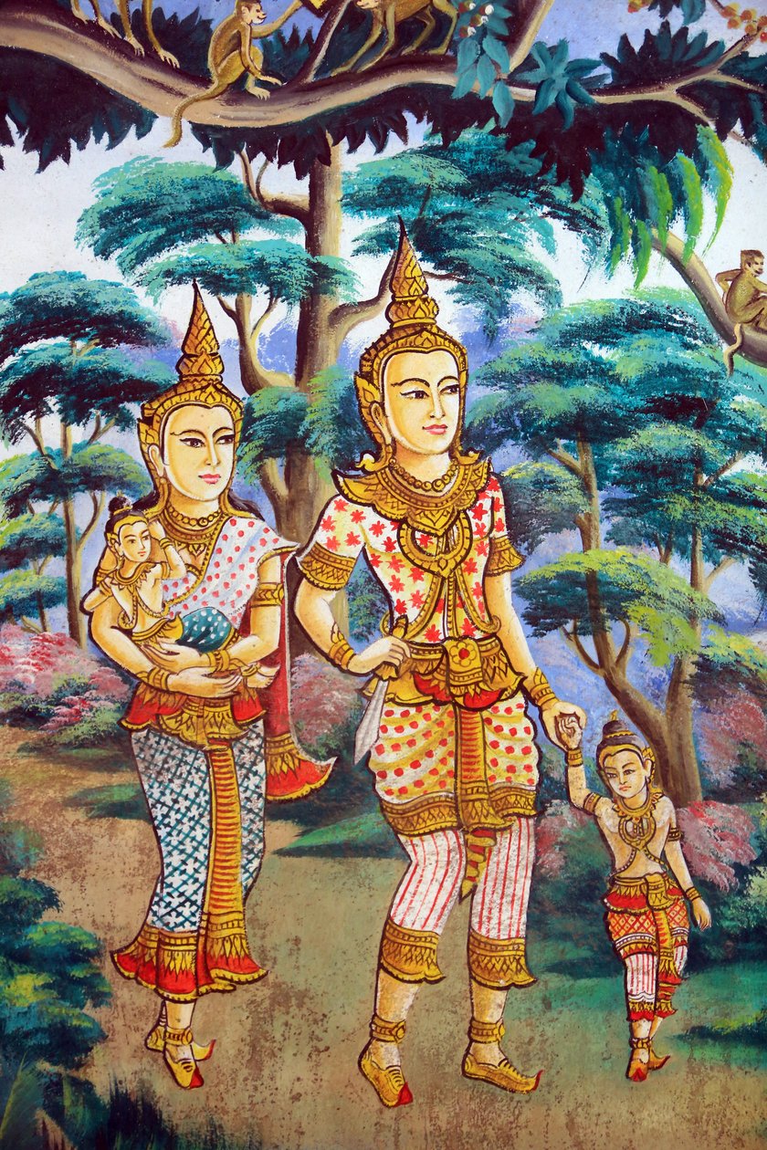 Siddhartha Gautama, hänen vaimonsa Yashodhara ja hänen poikansa Rahula. Shakyamuni Buddhan elämäntarinaa kuvaava maalaus. Mikä Naxai. Vientiane. Laos, 20151106, Vientiane, Laos tekijältä Unbekannt