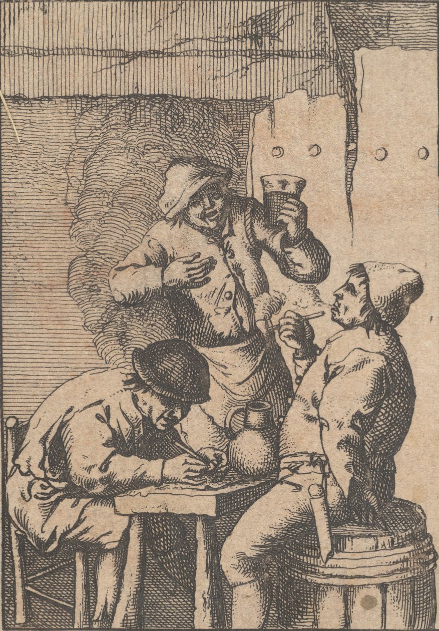 Laulaja seisoo kahden tupakoijan välissä, 1610-85. tekijältä Unbekannt