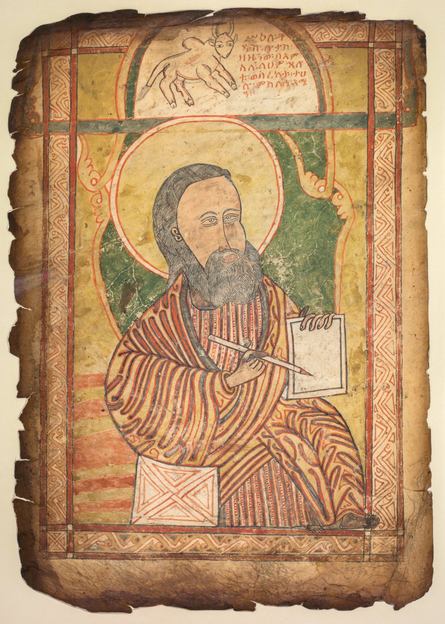 Yksittäinen lehti evankeliumikirjasta, jossa on muotokuva Pyhästä Luukasta, n. 1440-1480. tekijältä Unbekannt