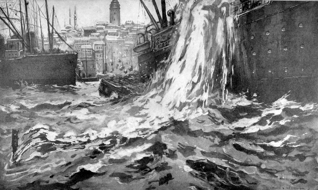 Kauppalaiva Stamboul uppoamassa Istanbulin satamassa. 25 toukokuuta 1915 tekijältä Unbekannt