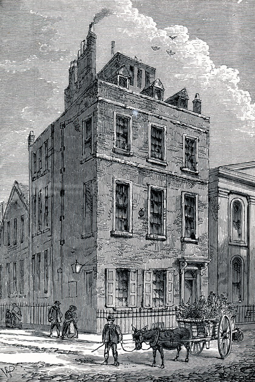 Sir Isaac Newtonin talo Orange ja St Martins Streetin kulmassa Lontoossa, vuodelta 1880 tekijältä Unbekannt